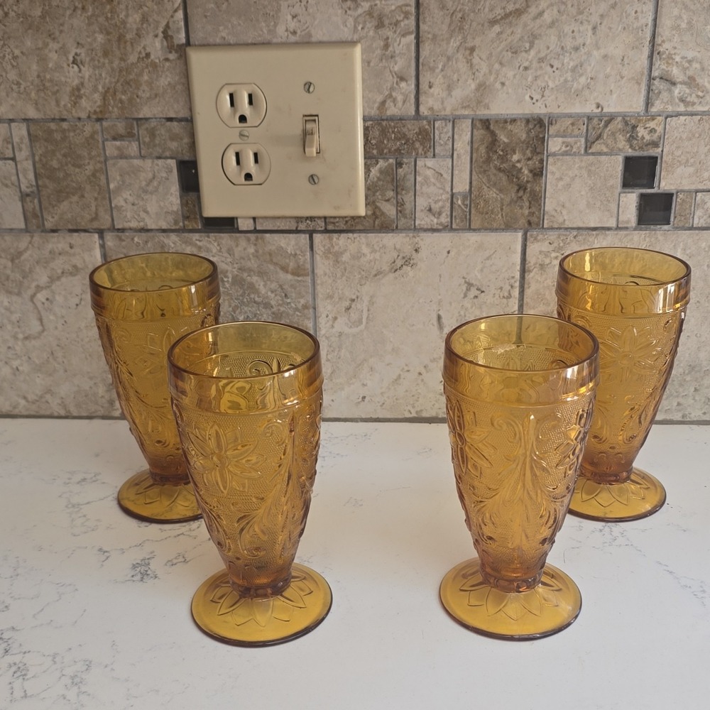 4 Beautiful Indiana Glass Amber Footed Iced Tea Water Glasses Tiara Sandwich